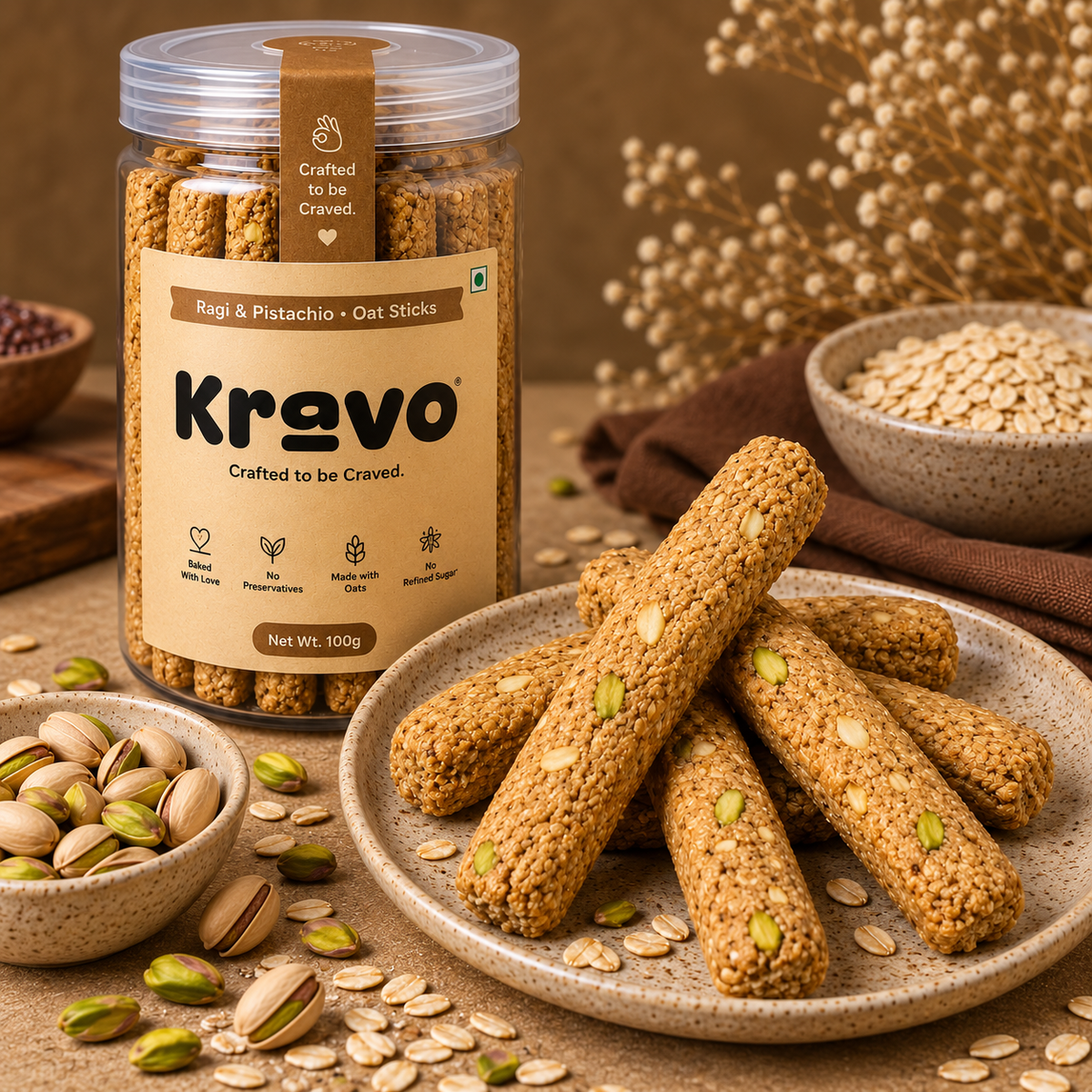 A jar of Kravo Ragi & Pistachio Oat Sticks surrounded by plates of prepared oat sticks, pistachios, and rolled oats on a rustic brown background.